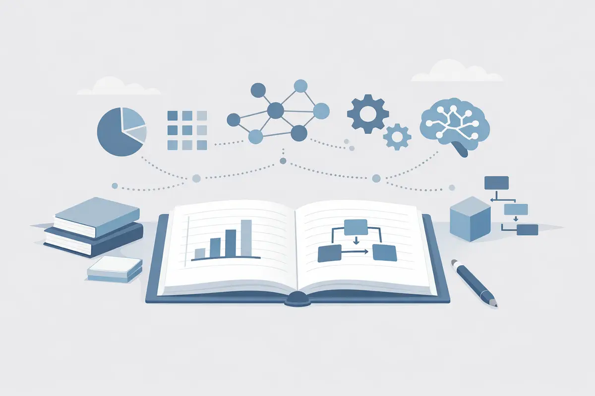Illustration showing AI tools, concepts with data and network icons
