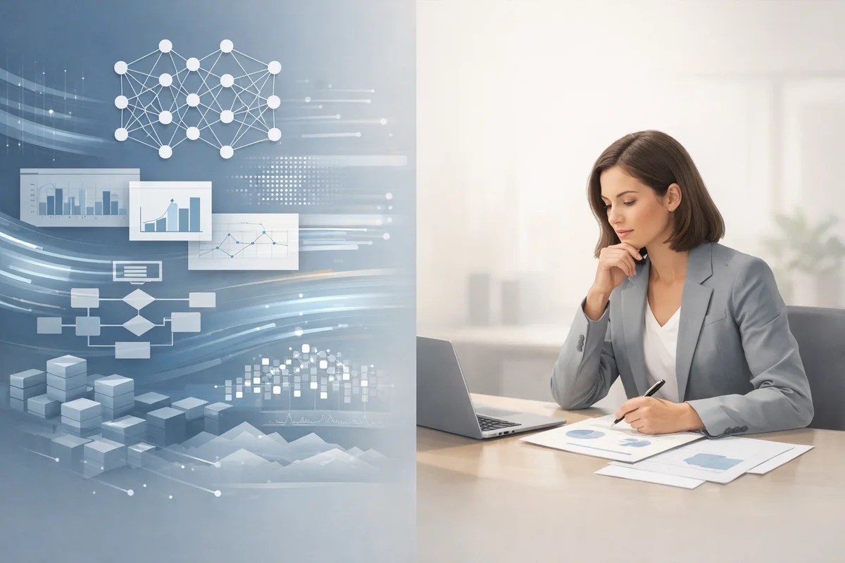 Artificial intelligence analyzing business data with human review highlighting the impact of data bias on decision making.