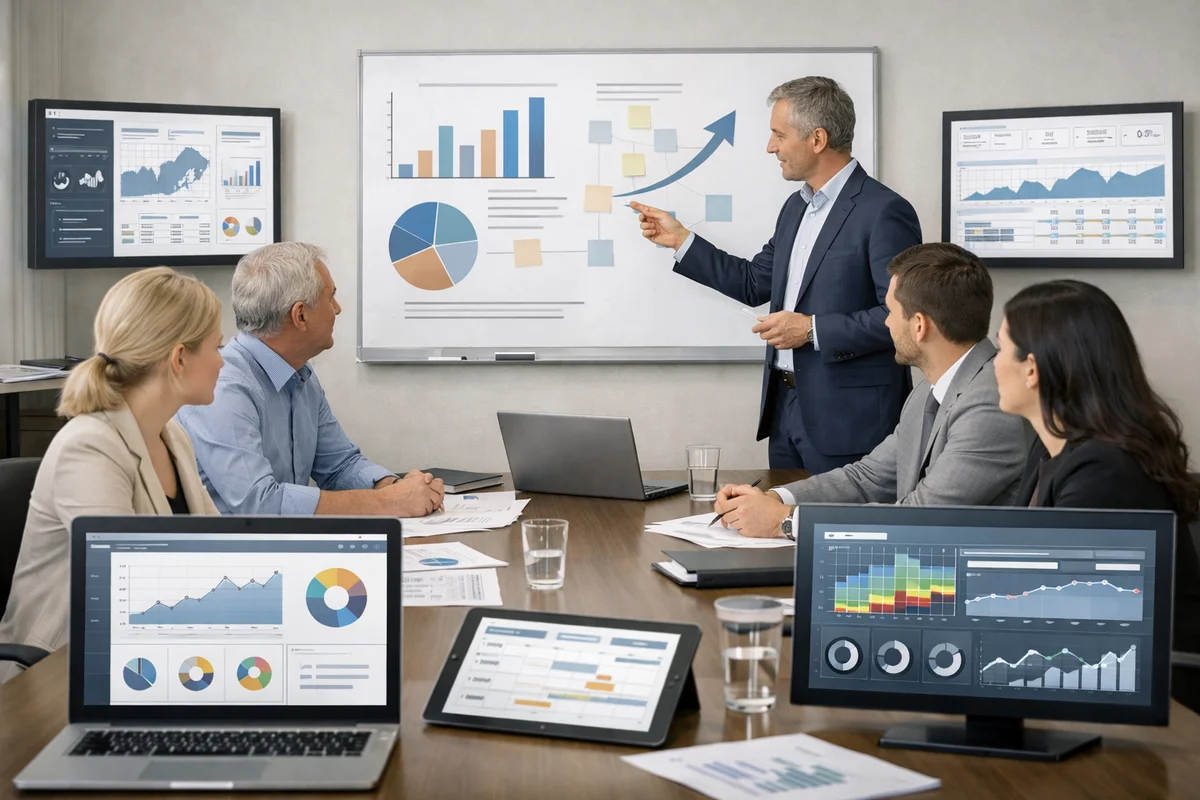 Business leaders using artificial intelligence tools to support execution while humans define strategy and direction.