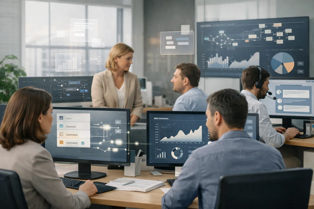 Artificial intelligence supporting daily business operations through data analysis, customer support, and workflow automation in a modern office environment.