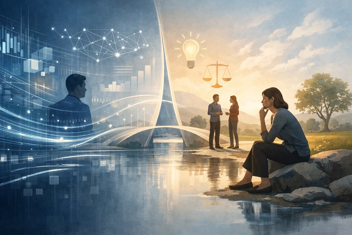 Conceptual illustration showing the limits of artificial intelligence and the role of human judgment and understanding.