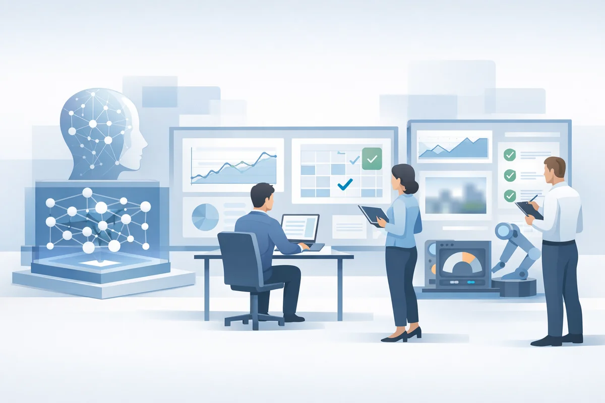 Artificial intelligence system being evaluated for accuracy and reliability through testing, validation, and human oversight.