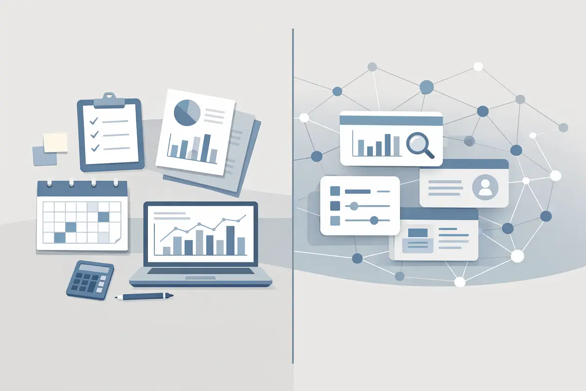 Illustration comparing human tasks and AI assistance in business